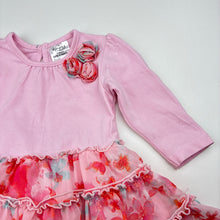 Load image into Gallery viewer, Girls Dymples, floral cotton blend romper dress with tulle ruffles, EUC, size 00, L: 36cm