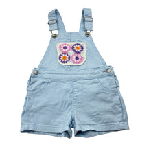 Load image into Gallery viewer, Girls Anko, blue stretch denim shortalls with floral crochet patch, FUC, size 3,  