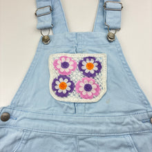 Load image into Gallery viewer, Girls Anko, blue stretch denim shortalls with floral crochet patch, FUC, size 3,  
