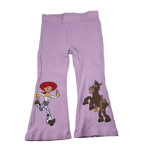 Load image into Gallery viewer, Girls Disney, Toy Story purple cotton blend ribbed pants, Inside leg: 29.5cm, GUC, size 2,  