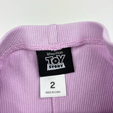 Load image into Gallery viewer, Girls Disney, Toy Story purple cotton blend ribbed pants, Inside leg: 29.5cm, GUC, size 2,  