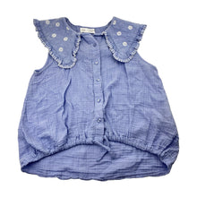 Load image into Gallery viewer, Girls Zara, blue cotton embroidered ruffle top, minor marks, FUC, size 13-14,  