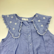Load image into Gallery viewer, Girls Zara, blue cotton embroidered ruffle top, minor marks, FUC, size 13-14,  