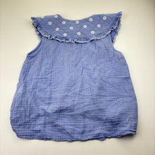 Load image into Gallery viewer, Girls Zara, blue cotton embroidered ruffle top, minor marks, FUC, size 13-14,  