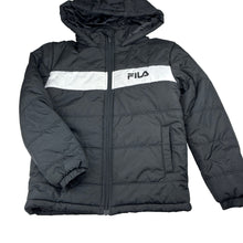 Load image into Gallery viewer, Unisex FILA, black zip hooded puffer jacket, EUC, size 8,  