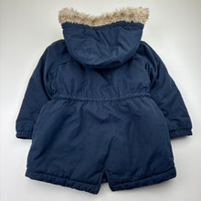 Load image into Gallery viewer, Unisex Target, navy zip fleece lined hooded jacket, faux fur trim, GUC, size 3,  