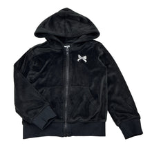 Load image into Gallery viewer, Unisex KID, black velour zip hooded sweater, embroidered bow, EUC, size 5,  