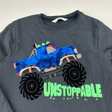 Load image into Gallery viewer, Boys M&amp;S, cotton blend fleece lined sweater,flip sequin monster truck, EUC, size 6,  