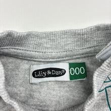 Load image into Gallery viewer, Unisex Lily &amp; Dan, grey cotton blend fleece lined sweater, dinosaur, EUC, size 000,  