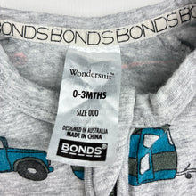 Load image into Gallery viewer, Boys Bonds, cotton blend zip romper Wondersuit, car, GUC, size 000,  