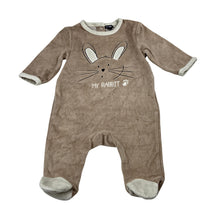 Load image into Gallery viewer, Unisex KIABI, brown cotton blend terry coverall, embroidered rabbit, GUC, size 000,  
