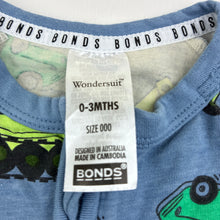 Load image into Gallery viewer, Boys Bonds, cotton blend zip coverall Wondersuit, car, GUC, size 000,  