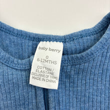 Load image into Gallery viewer, Unisex Baby Berry, blue cotton blend ribbed knit zip romper, GUC, size 0,  