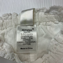 Load image into Gallery viewer, Girls Dymples, white cotton blend broderie bloomers, elasticated, EUC, size 000,  