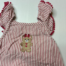 Load image into Gallery viewer, Girls HUX, striped cotton ruffle romper, embroidered, EUC, size 000,  