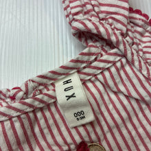 Load image into Gallery viewer, Girls HUX, striped cotton ruffle romper, embroidered, EUC, size 000,  