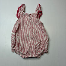 Load image into Gallery viewer, Girls HUX, striped cotton ruffle romper, embroidered, EUC, size 000,  