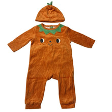 Load image into Gallery viewer, Unisex Tex, orange velour romper + hat, embroidered, pumpkin, GUC, size 0-1,  