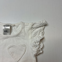 Load image into Gallery viewer, Girls Anko, white cotton ruffle t-shirt, broderie trim, GUC, size 000,  