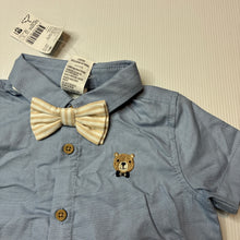 Load image into Gallery viewer, Boys Dymples, blue cotton short sleeve shirt, bow tie, embroidered, NEW, size 00,  