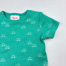 Load image into Gallery viewer, Unisex Sprout, teal organic cotton blend ribbed bodysuit, car, EUC, size 00,  