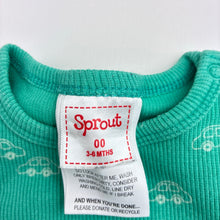 Load image into Gallery viewer, Unisex Sprout, teal organic cotton blend ribbed bodysuit, car, EUC, size 00,  