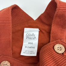 Load image into Gallery viewer, Unisex Ollie's Place, rust cotton ribbed overalls, embroidered, EUC, size 000,  