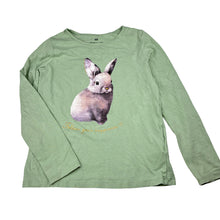 Load image into Gallery viewer, Girls H&amp;M, green stretch cotton long sleeve t-shirt, rabbit, GUC, size 7-8,  