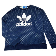 Load image into Gallery viewer, Girls Adidas, navy cotton sweater, polka dots, wash fade, FUC, size 11-12,  