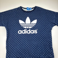 Load image into Gallery viewer, Girls Adidas, navy cotton sweater, polka dots, wash fade, FUC, size 11-12,  