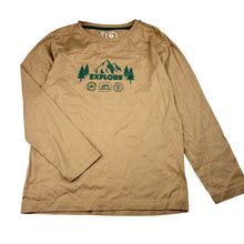 Load image into Gallery viewer, Unisex KID, tan organic cotton long sleeve t-shirt, mountains, EUC, size 8,  