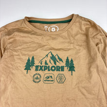 Load image into Gallery viewer, Unisex KID, tan organic cotton long sleeve t-shirt, mountains, EUC, size 8,  