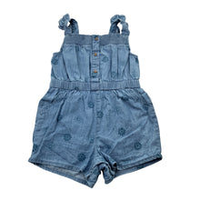 Load image into Gallery viewer, Girls Sprout, blue chambray cotton floral ruffle romper, GUC, size 1,  