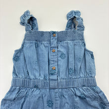 Load image into Gallery viewer, Girls Sprout, blue chambray cotton floral ruffle romper, GUC, size 1,  