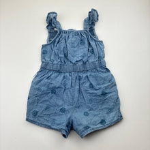 Load image into Gallery viewer, Girls Sprout, blue chambray cotton floral ruffle romper, GUC, size 1,  