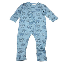 Load image into Gallery viewer, Unisex Sprout, blue stretch organic cotton ribbed zip romper, GUC, size 00,  