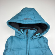Load image into Gallery viewer, Unisex E·BASICS, turquoise zip fleece lined hooded puffer vest, GUC, size 5,  