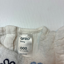 Load image into Gallery viewer, Girls Anko, white cotton frill sleeve dress, embroidered, GUC, size 000, L: 30cm