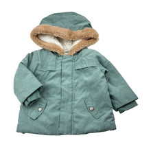 Load image into Gallery viewer, Unisex Target, sage zip fleece lined hooded jacket, faux fur trim, GUC, size 00,  