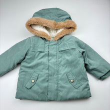 Load image into Gallery viewer, Unisex Target, sage zip fleece lined hooded jacket, faux fur trim, GUC, size 00,  