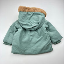 Load image into Gallery viewer, Unisex Target, sage zip fleece lined hooded jacket, faux fur trim, GUC, size 00,  