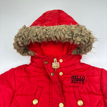 Load image into Gallery viewer, Girls Hello Kitty, red zip hooded jacket, faux fur trim, FUC, size 1-2,  