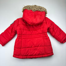 Load image into Gallery viewer, Girls Hello Kitty, red zip hooded jacket, faux fur trim, FUC, size 1-2,  