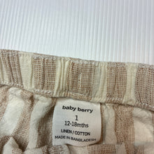 Load image into Gallery viewer, Unisex Baby Berry, striped linen / cotton pants, elasticated , GUC, size 1,  
