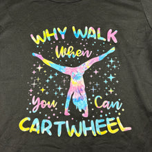 Load image into Gallery viewer, Girls black, lightweight tee / top, cartwheel, GUC, size 8,  