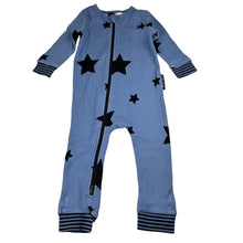 Load image into Gallery viewer, Unisex CACHIA, blue stretch cotton ribbed zip romper, GUC, size 1,  