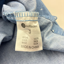 Load image into Gallery viewer, Girls B Collection, blue chambray cotton dress, polka dots, GUC, size 3, L: 54cm