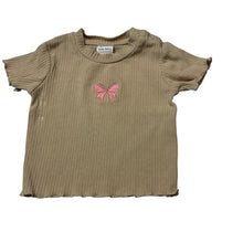 Load image into Gallery viewer, Girls Baby Berry, tan stretch cotton ribbed top, bow, FUC, size 00,  