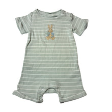 Load image into Gallery viewer, Unisex Beatrix Potter, Peter Rabbit ribbed embroidered cotton romper, GUC, size 0,