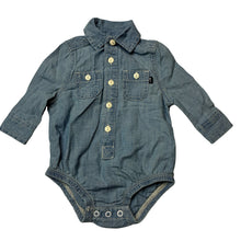 Load image into Gallery viewer, Boys Baby B'Gosh, blue chambray cotton shirtall romper, GUC, size 000,